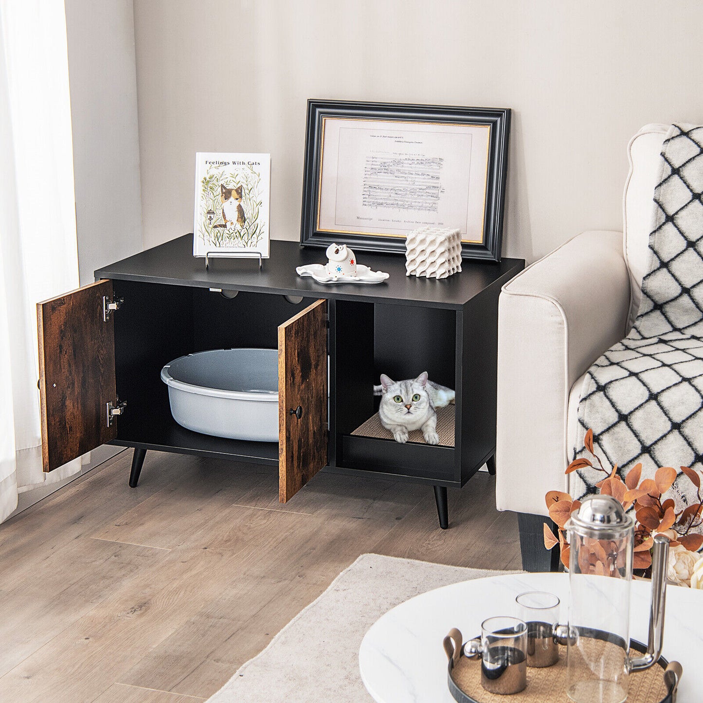 Cat Litter Box Enclosure, Double Door Cabinet, Natural Cat Houses at Gallery Canada