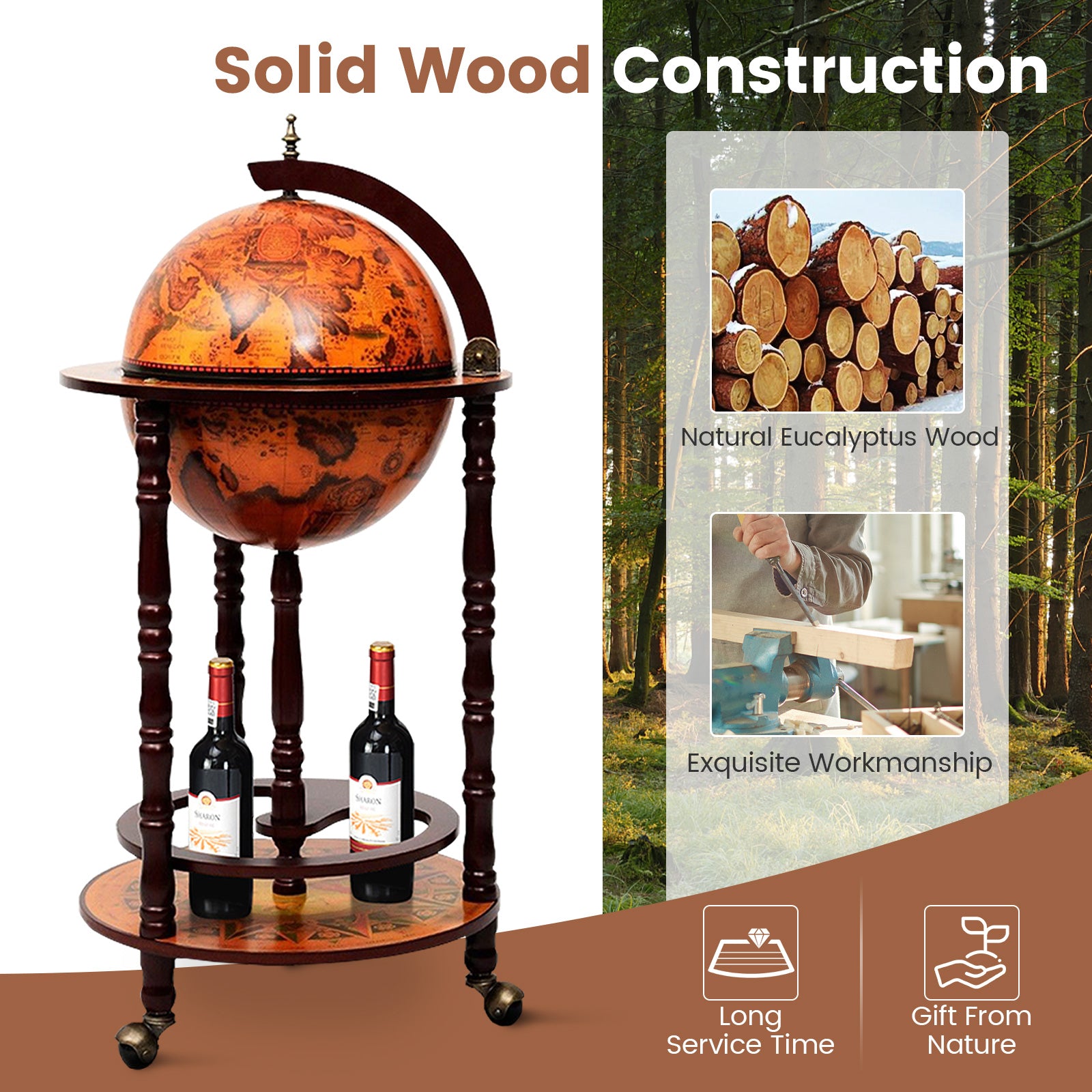 16th Century Wood Globe Wine Bar Stand, Dark Red Wine Racks at Gallery Canada