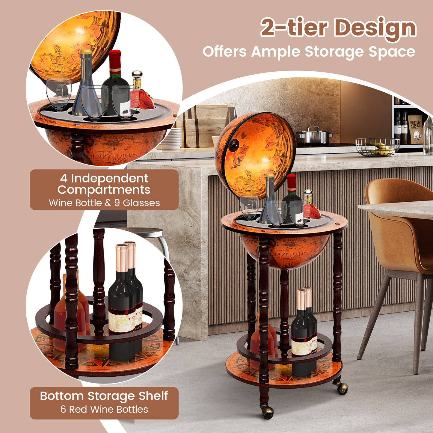 16th Century Wood Globe Wine Bar Stand, Dark Red Wine Racks at Gallery Canada
