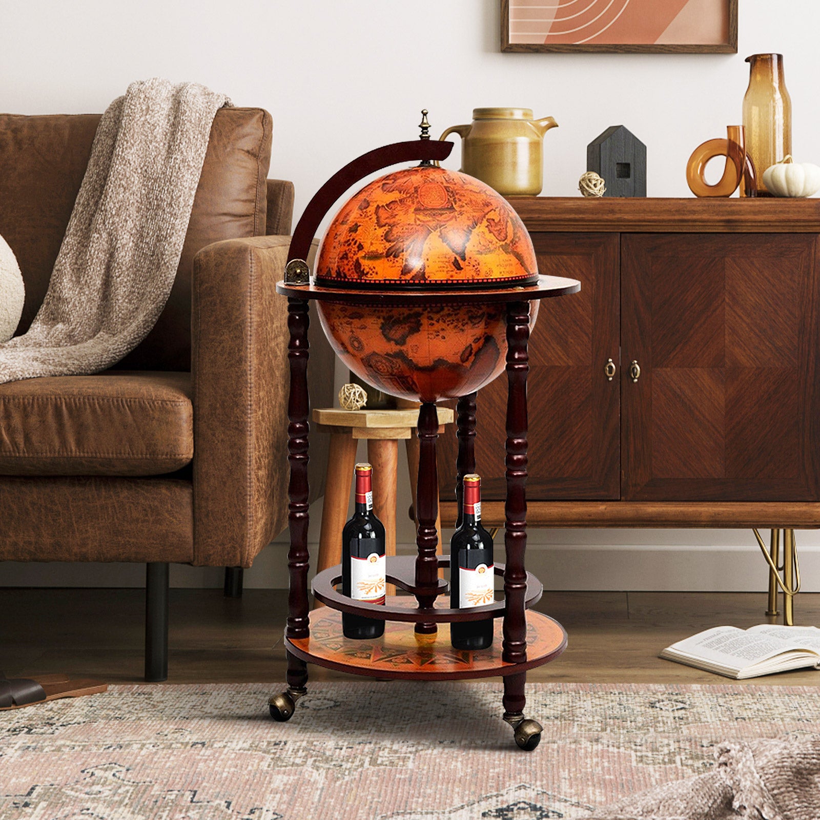 16th Century Wood Globe Wine Bar Stand, Dark Red Wine Racks at Gallery Canada