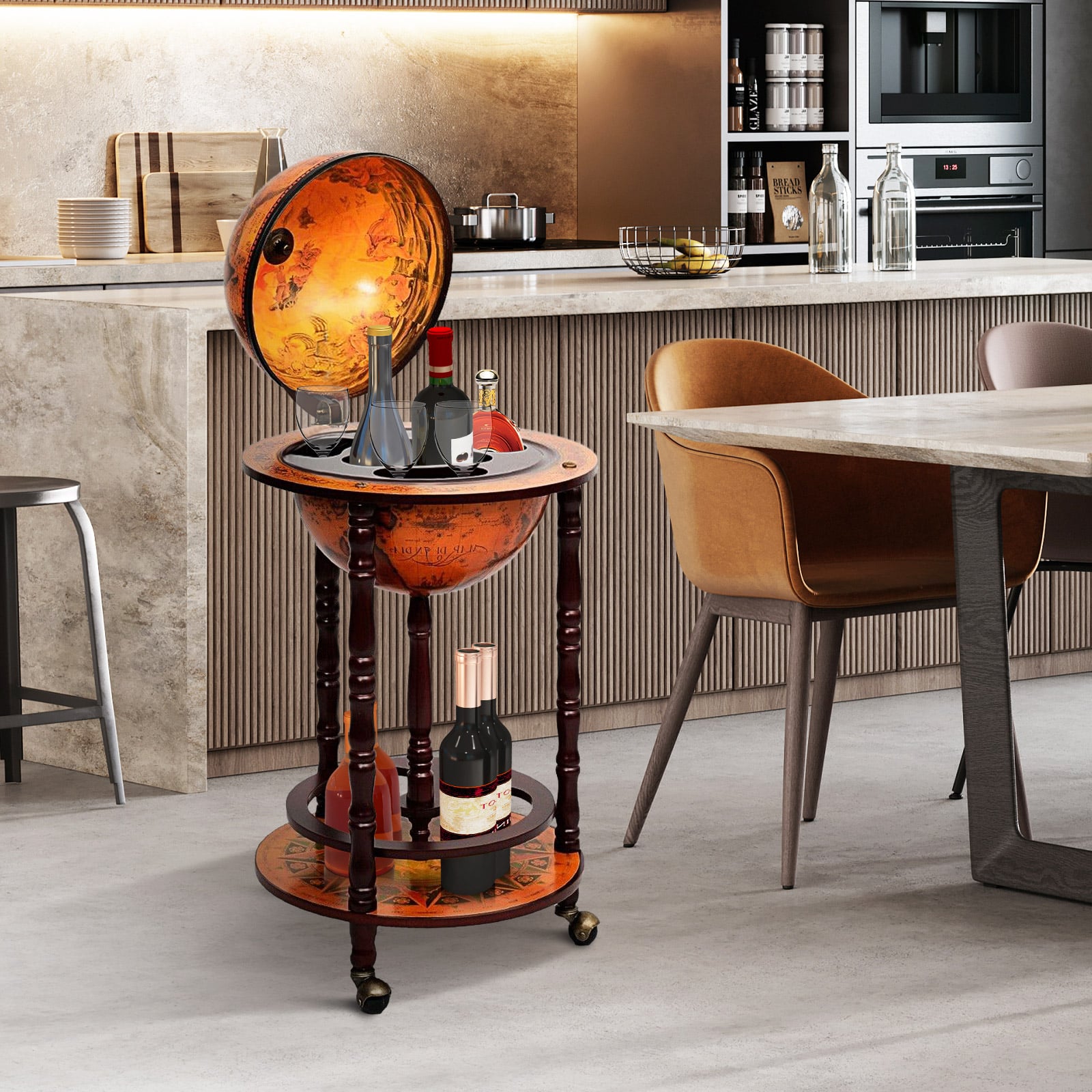 16th Century Wood Globe Wine Bar Stand, Dark Red Wine Racks at Gallery Canada