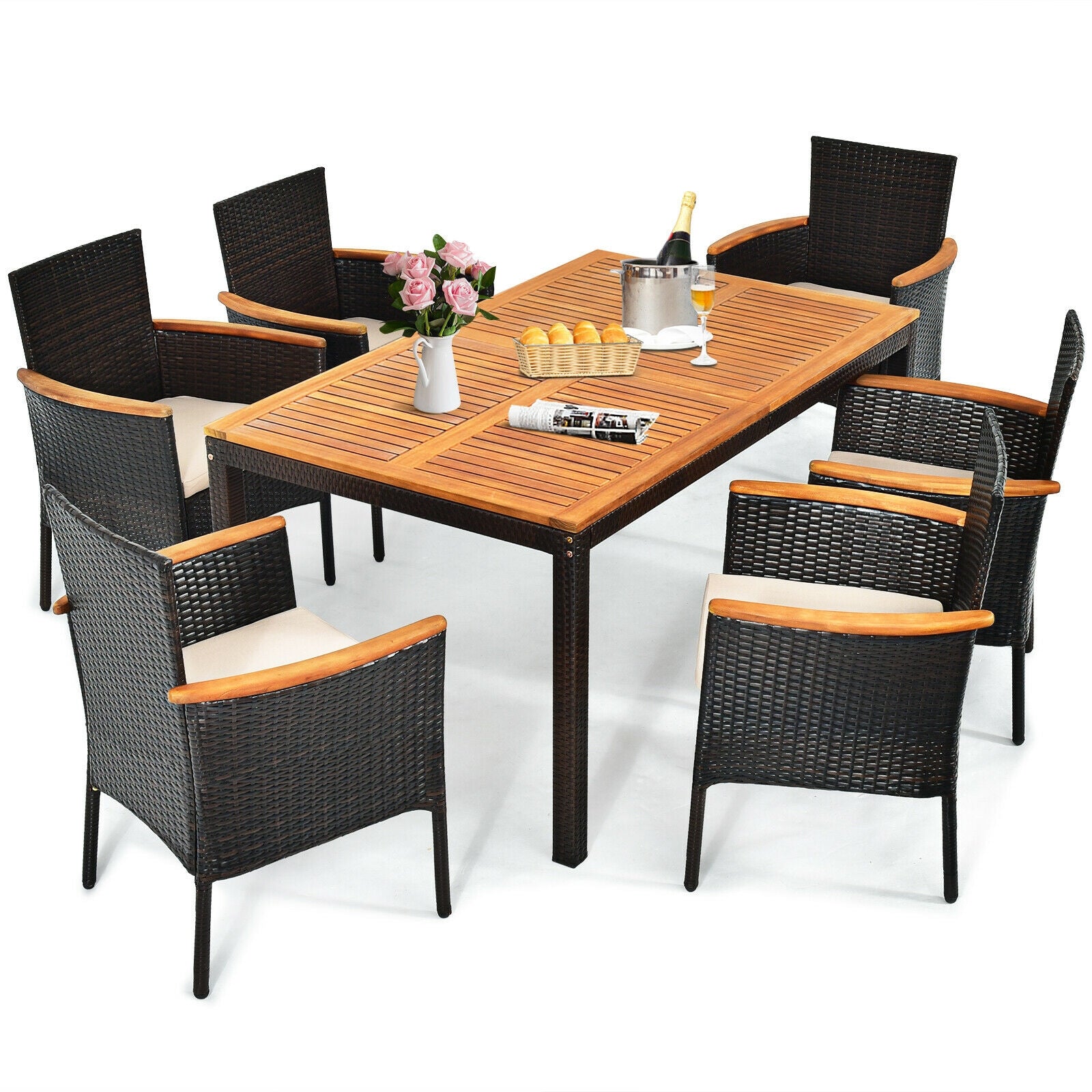 7 Piece Rattan Dining Set, With Cushioned Armchairs, Umbrella Hole, Brown Patio Dining Sets Brown at Gallery Canada