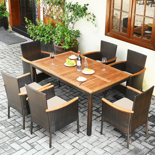 7 Piece Rattan Dining Set, With Cushioned Armchairs, Umbrella Hole, Brown Patio Dining Sets Brown at Gallery Canada