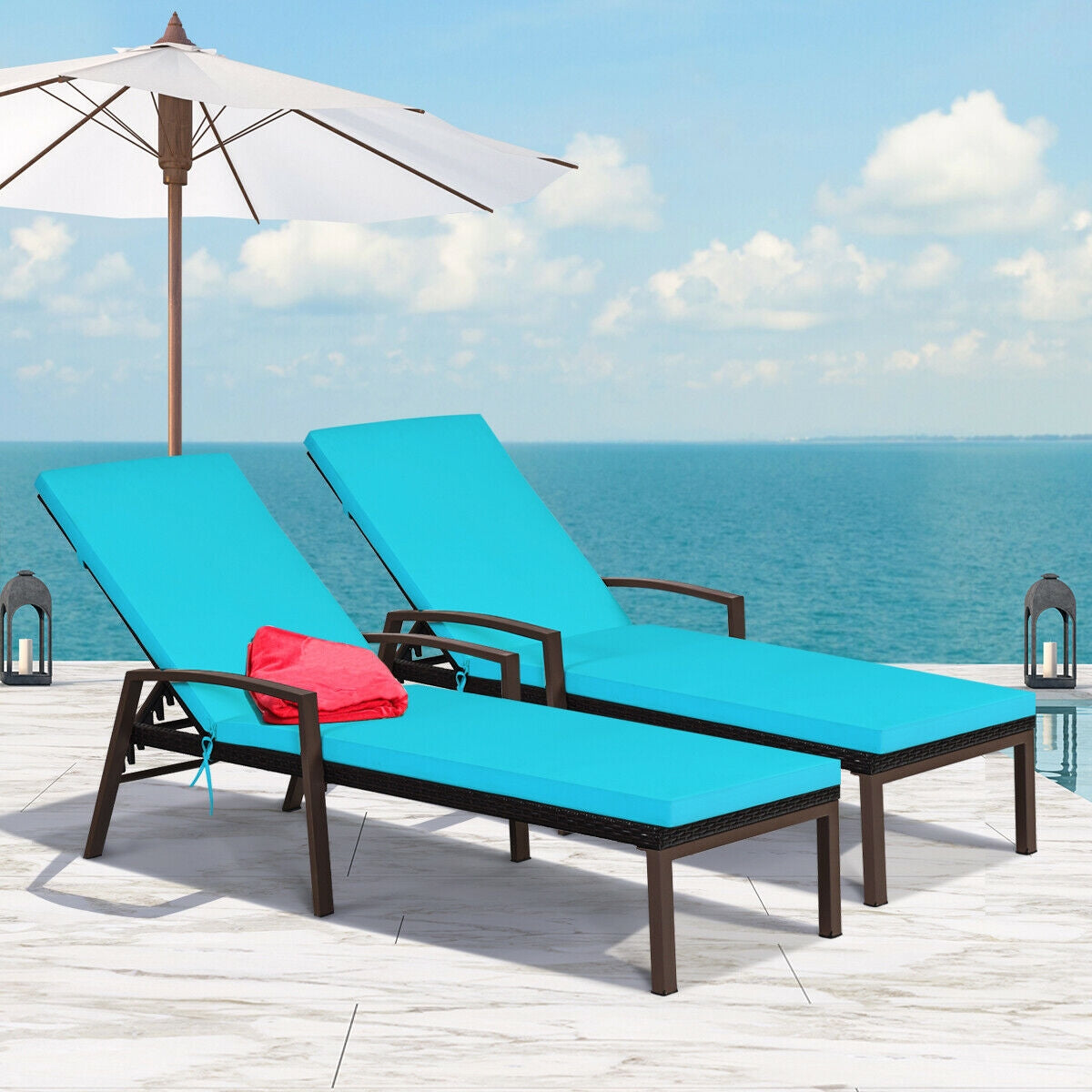 2-Piece Adjustable Rattan Patio Lounge Chair, Turquoise Outdoor Chaise Lounges at Gallery Canada