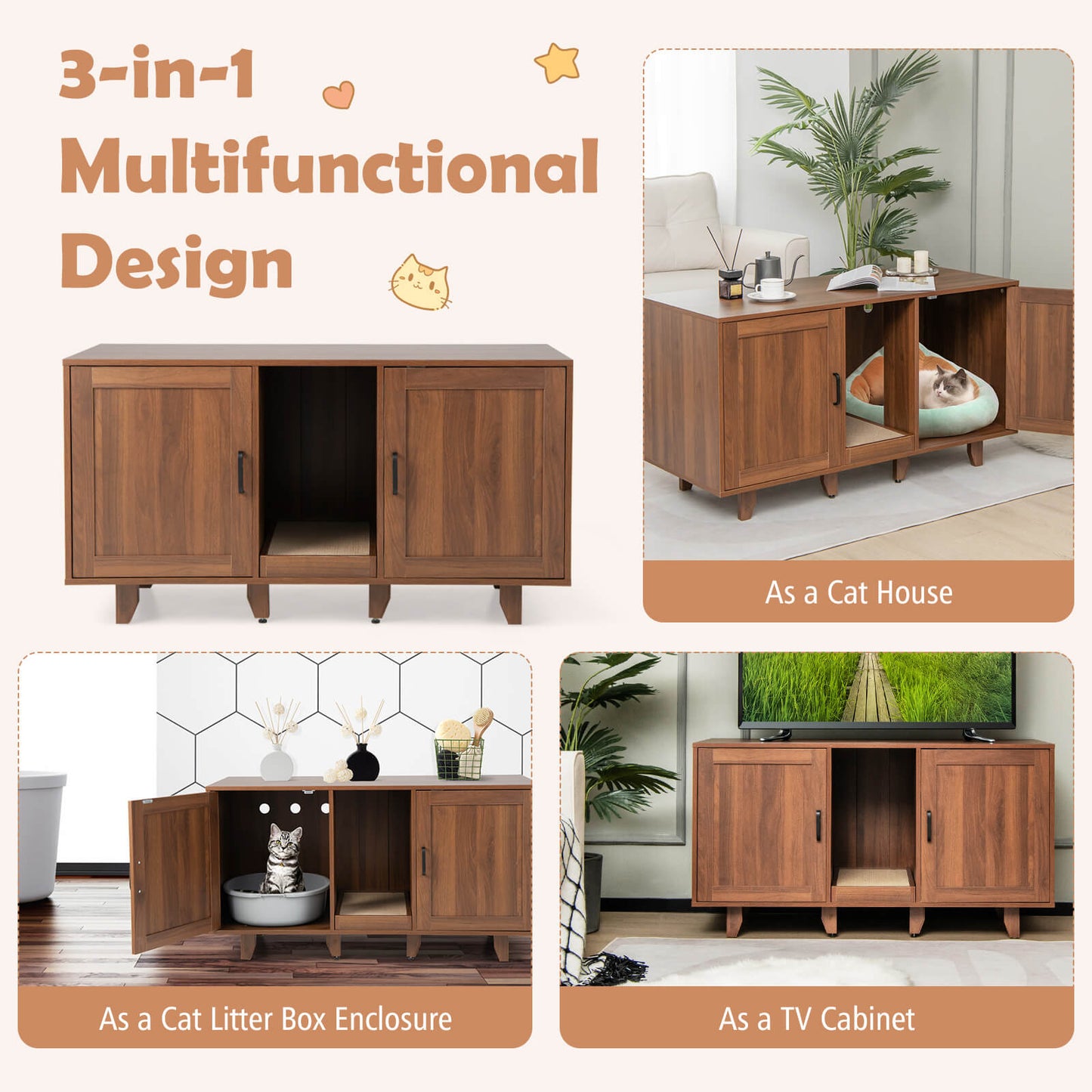 2-Door Cat Litter Box Enclosure, Winding Entry, Scratching Board, Brown Cat Houses at Gallery Canada