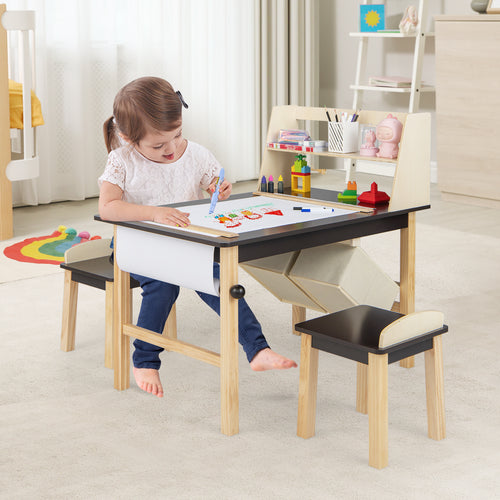 Kids Art Table And Chairs Set, With Paper Roll And Storage Bins, Coffee