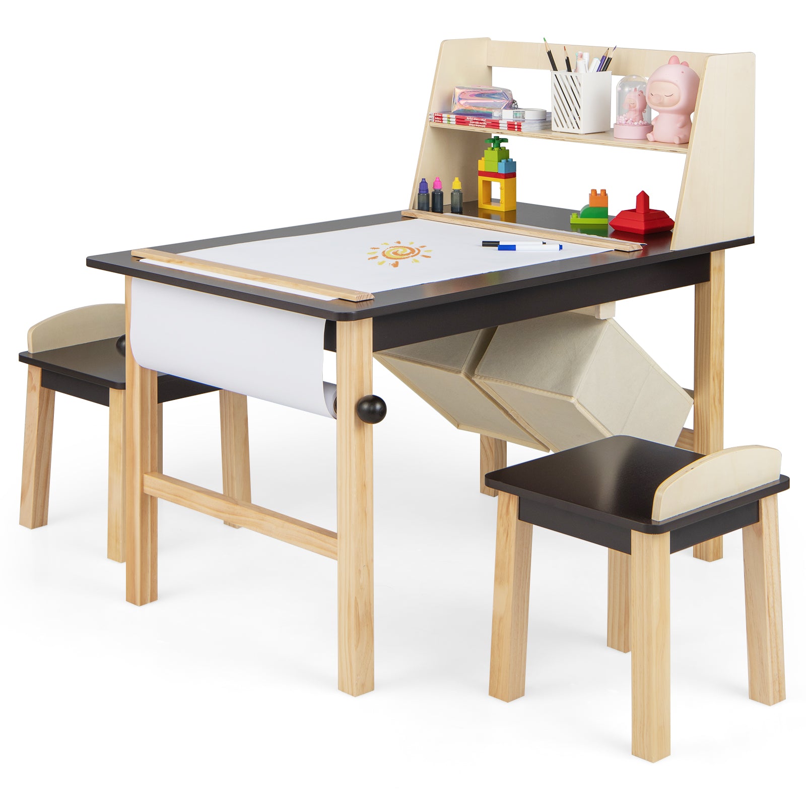 Kids Art Table And Chairs Set, With Paper Roll And Storage Bins, Coffee Kids Table & Chair Sets Coffee at Gallery Canada