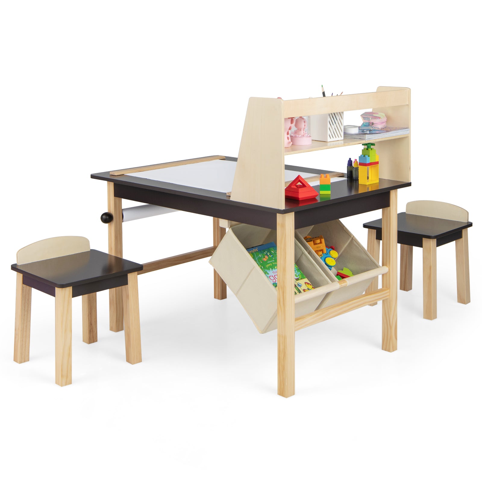 Kids Art Table And Chairs Set, With Paper Roll And Storage Bins, Coffee Kids Table & Chair Sets at Gallery Canada