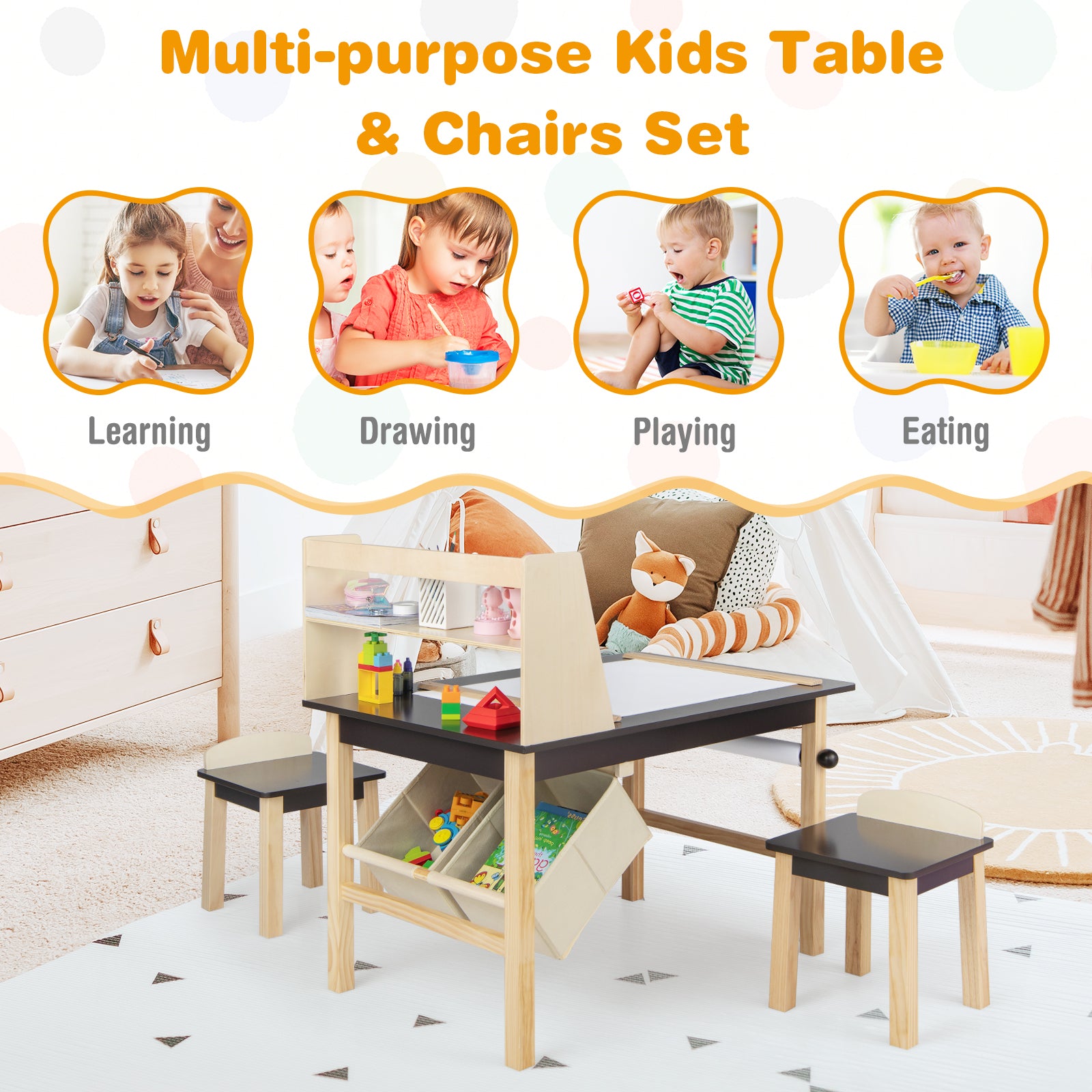 Kids Art Table And Chairs Set, With Paper Roll And Storage Bins, Coffee Kids Table & Chair Sets at Gallery Canada