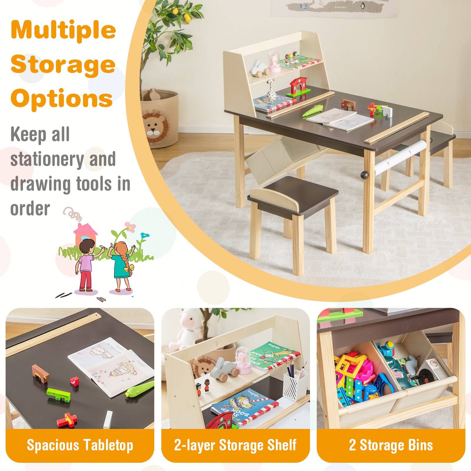 Kids Art Table And Chairs Set, With Paper Roll And Storage Bins, Coffee Kids Table & Chair Sets at Gallery Canada