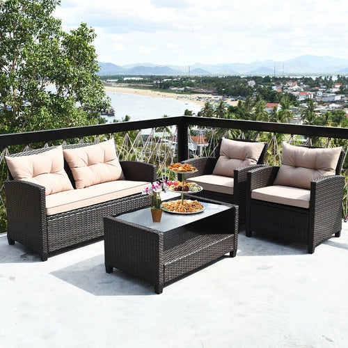 Outdoor Rattan Armrest Furniture Set, 4 Pieces, Table With Lower Shelf, Beige