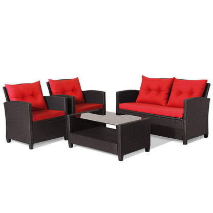 4-Piece Patio Rattan Furniture Set, Glass Coffee Table, Red Patio Conversation Sets Red at Gallery Canada