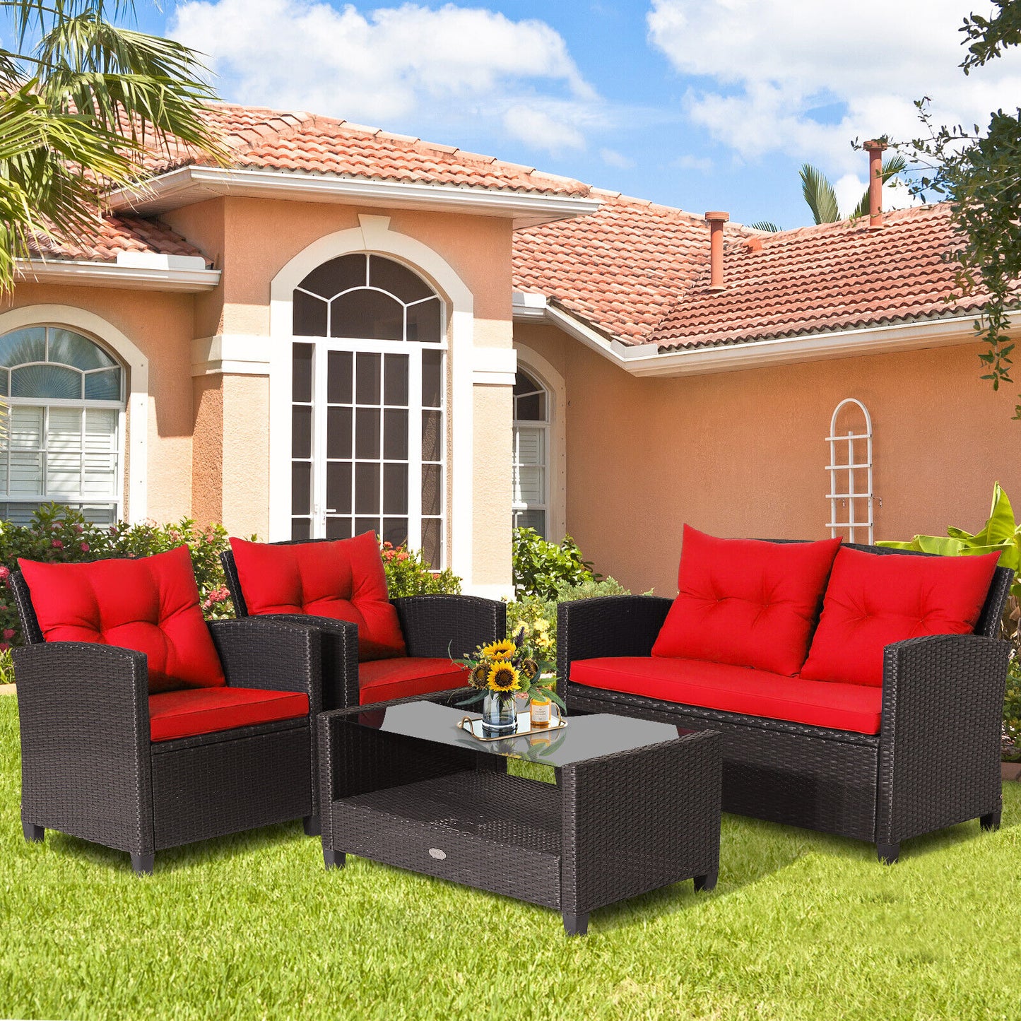 4-Piece Patio Rattan Furniture Set, Glass Coffee Table, Red Patio Conversation Sets at Gallery Canada