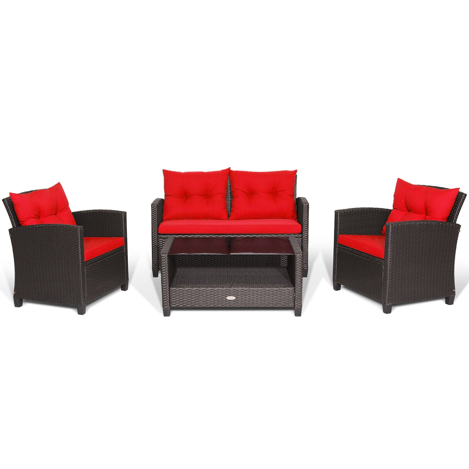 4-Piece Patio Rattan Furniture Set, Glass Coffee Table, Red Patio Conversation Sets at Gallery Canada