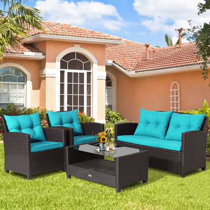 4 Piece Patio Rattan Furniture Set with Glass Table, Turquoise Patio Conversation Sets at Gallery Canada