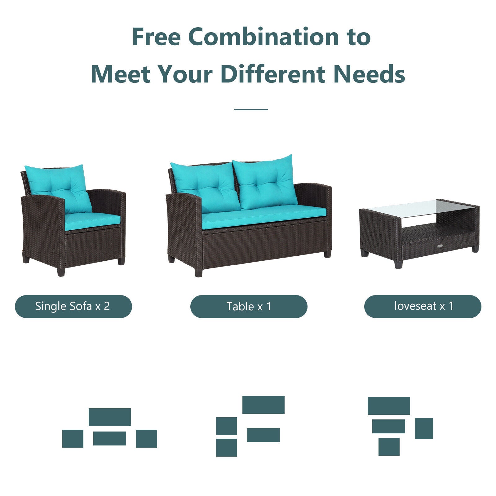 4 Piece Patio Rattan Furniture Set with Glass Table, Turquoise Patio Conversation Sets at Gallery Canada