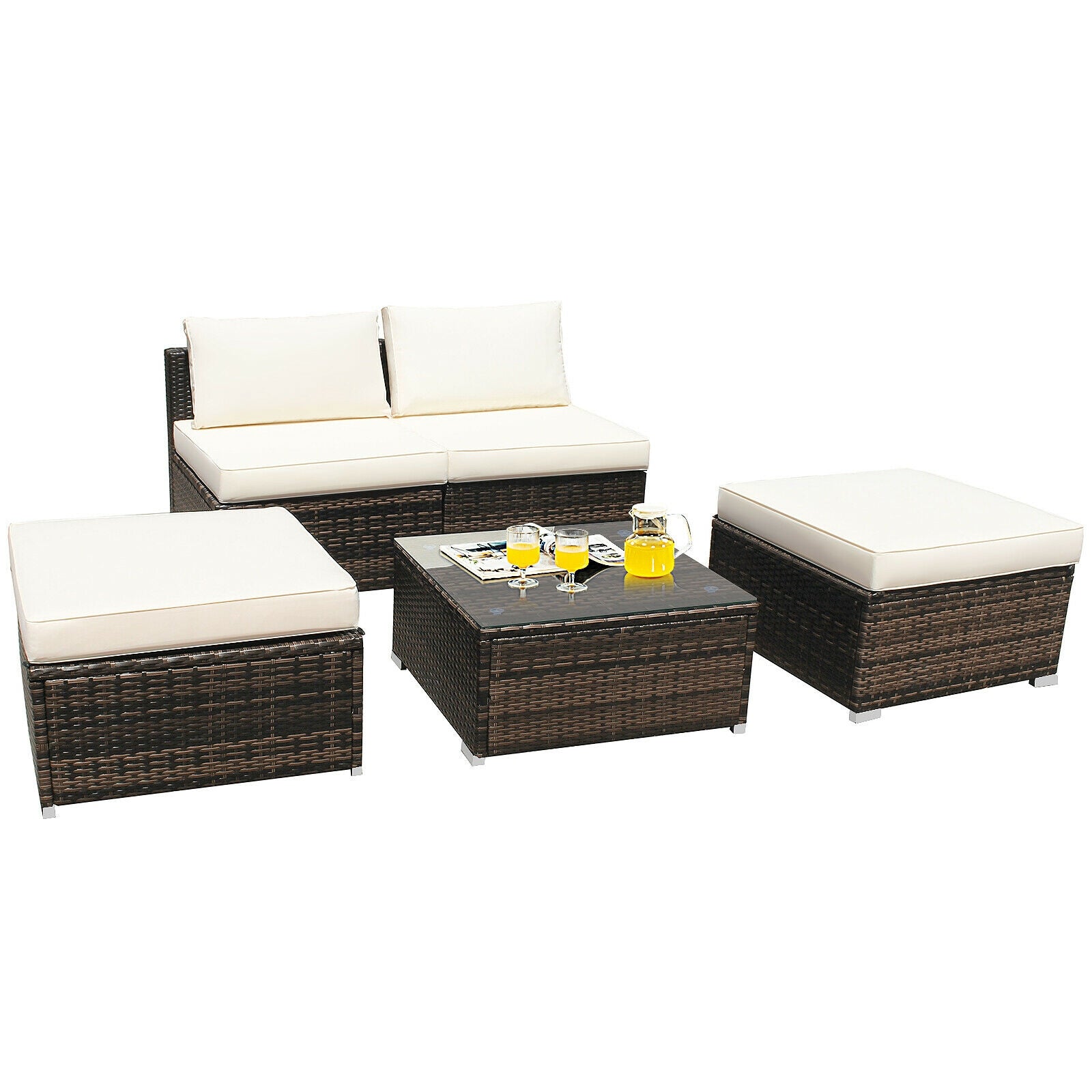 5 Pieces Patio Rattan Furniture Set with Cushioned Armless Sofa, White Patio Conversation Sets at Gallery Canada