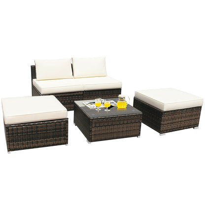 5 Pieces Patio Rattan Furniture Set with Cushioned Armless Sofa, White Patio Conversation Sets at Gallery Canada