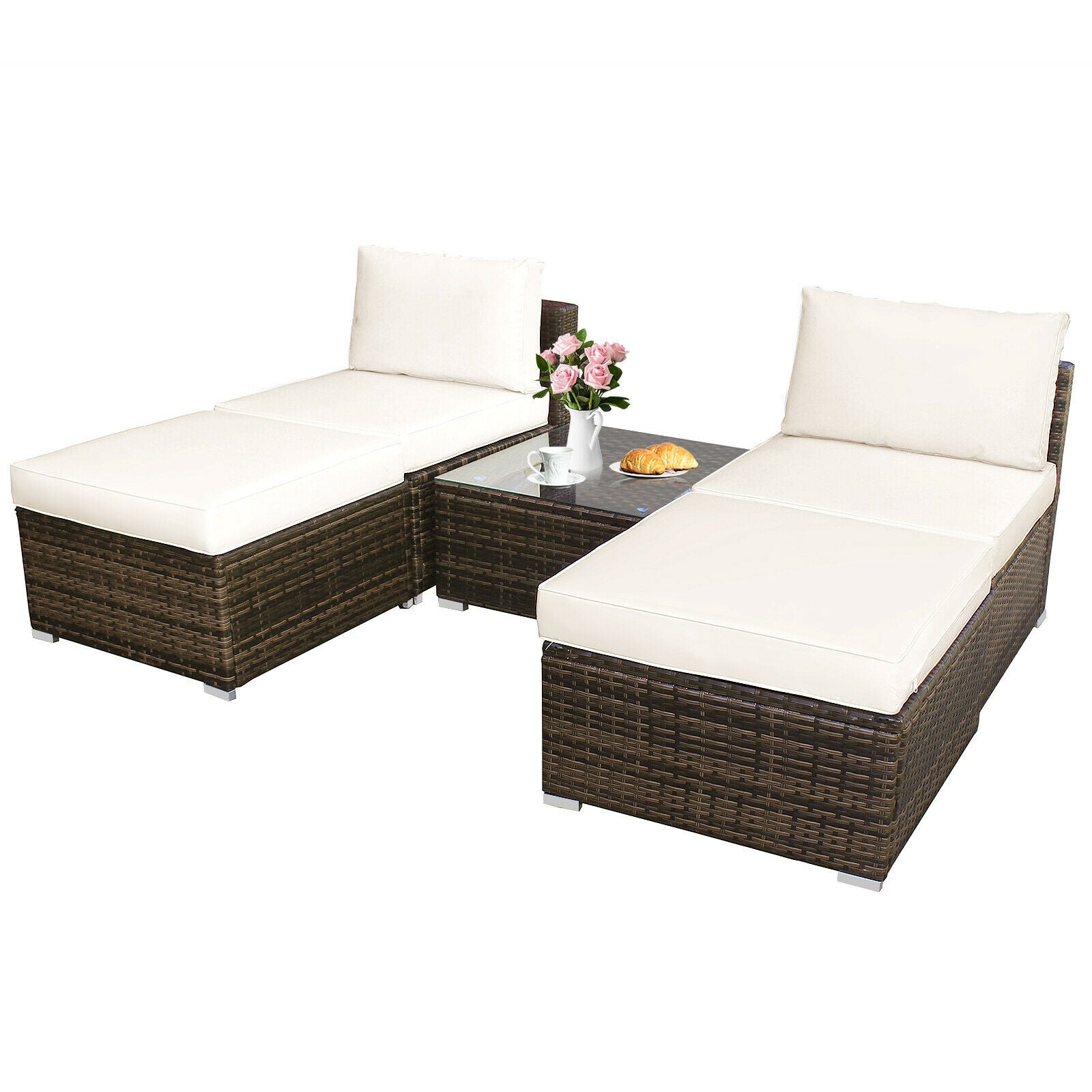 5 Pieces Patio Rattan Furniture Set with Cushioned Armless Sofa, White Patio Conversation Sets White at Gallery Canada
