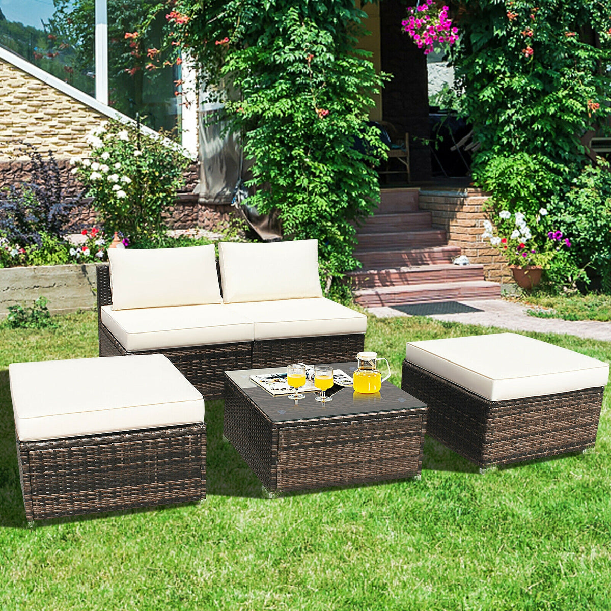 5 Pieces Patio Rattan Furniture Set with Cushioned Armless Sofa, White Patio Conversation Sets at Gallery Canada