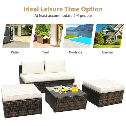 5 Pieces Patio Rattan Furniture Set with Cushioned Armless Sofa, White Patio Conversation Sets at Gallery Canada