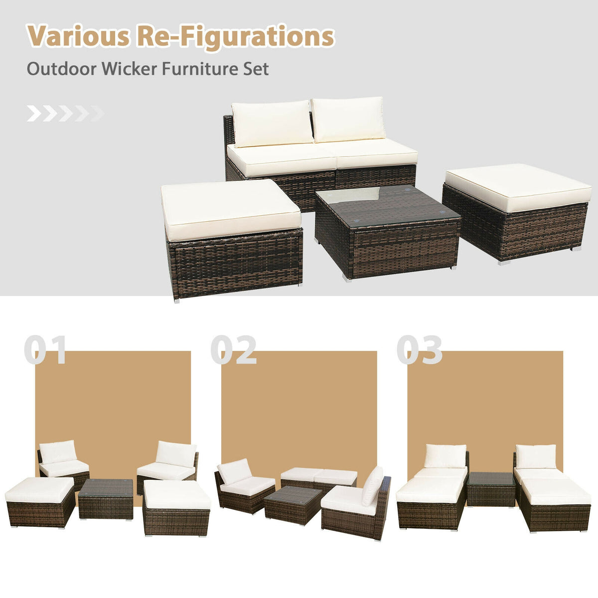 5 Pieces Patio Rattan Furniture Set with Cushioned Armless Sofa, White Patio Conversation Sets at Gallery Canada