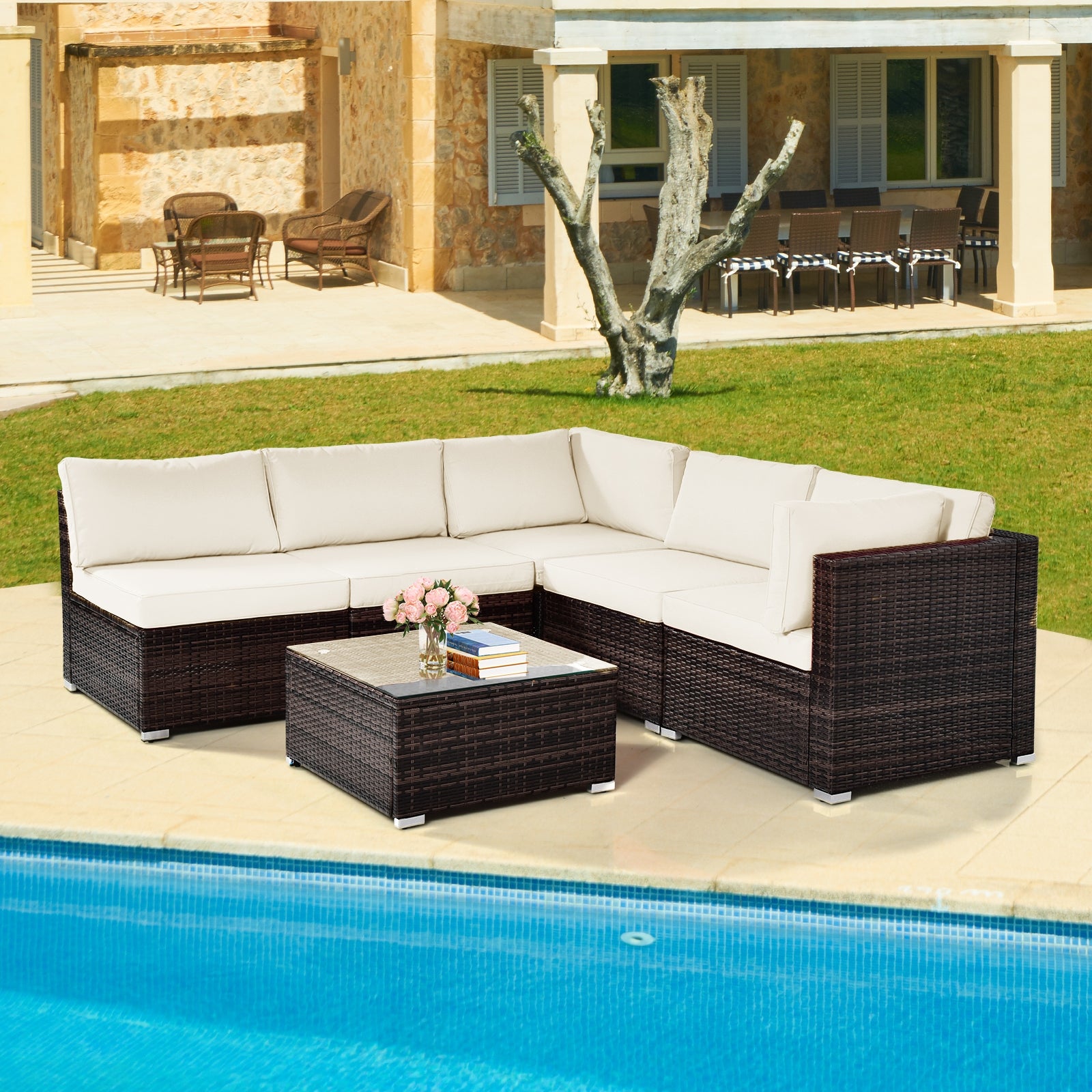 6-Piece Patio Rattan Furniture Set, With Cushions And Glass Coffee Table, White Outdoor Sectionals at Gallery Canada