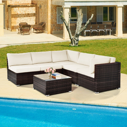 6-Piece Patio Rattan Furniture Set, With Cushions And Glass Coffee Table, White Outdoor Sectionals at Gallery Canada