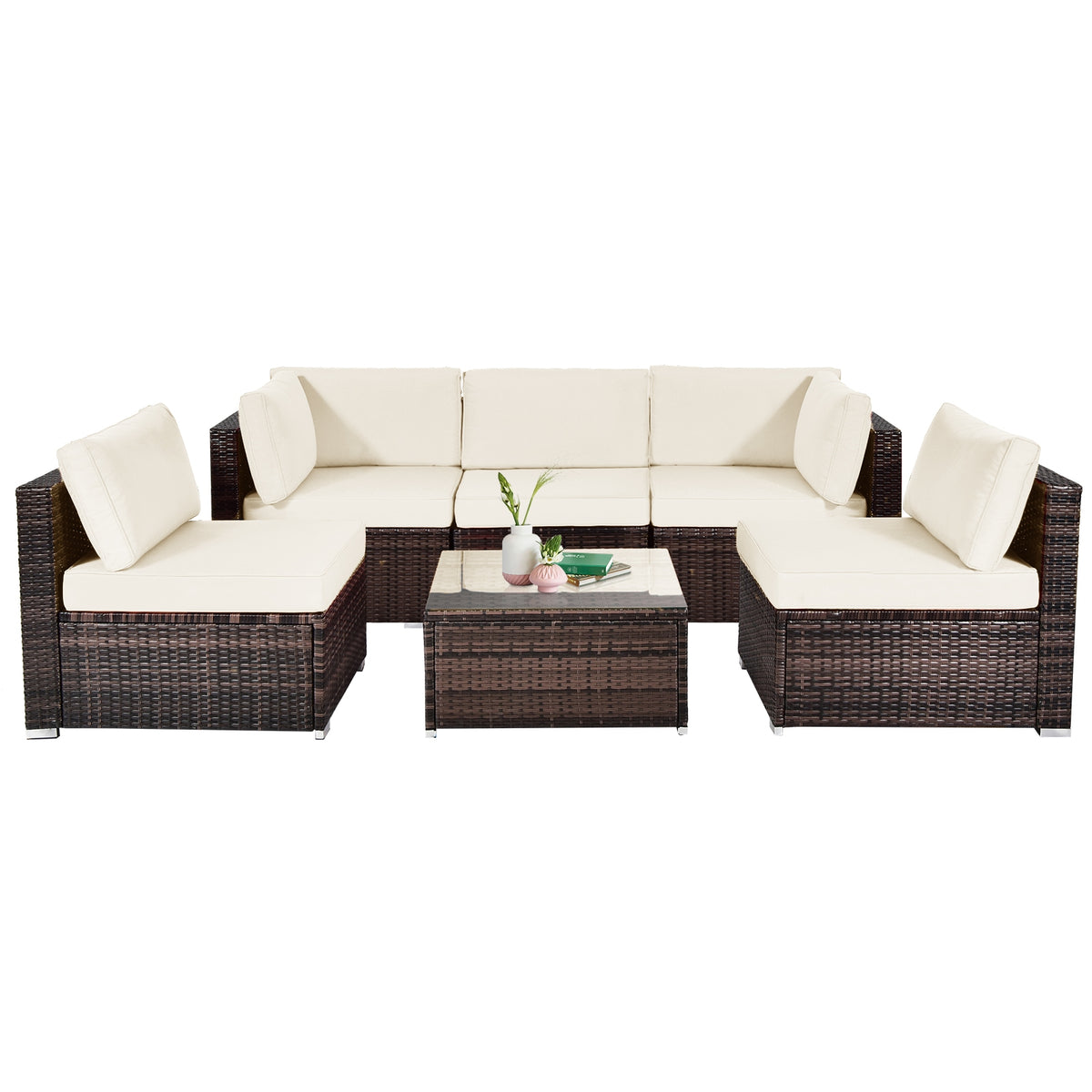 6-Piece Patio Rattan Furniture Set, With Cushions And Glass Coffee Table, White Outdoor Sectionals at Gallery Canada