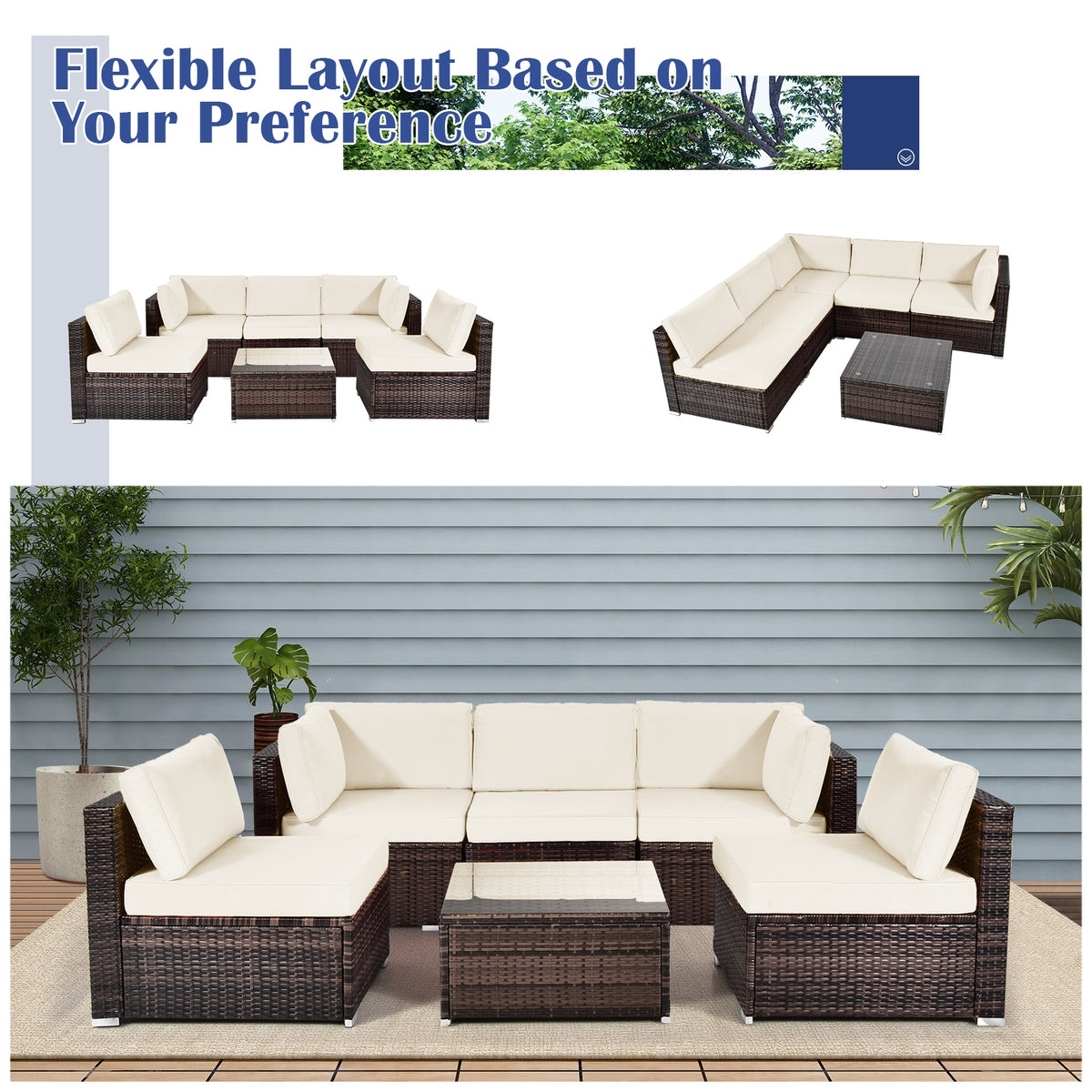 6-Piece Patio Rattan Furniture Set, With Cushions And Glass Coffee Table, White Outdoor Sectionals at Gallery Canada