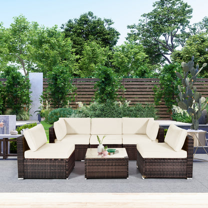 6-Piece Patio Rattan Furniture Set, With Cushions And Glass Coffee Table, White Outdoor Sectionals at Gallery Canada