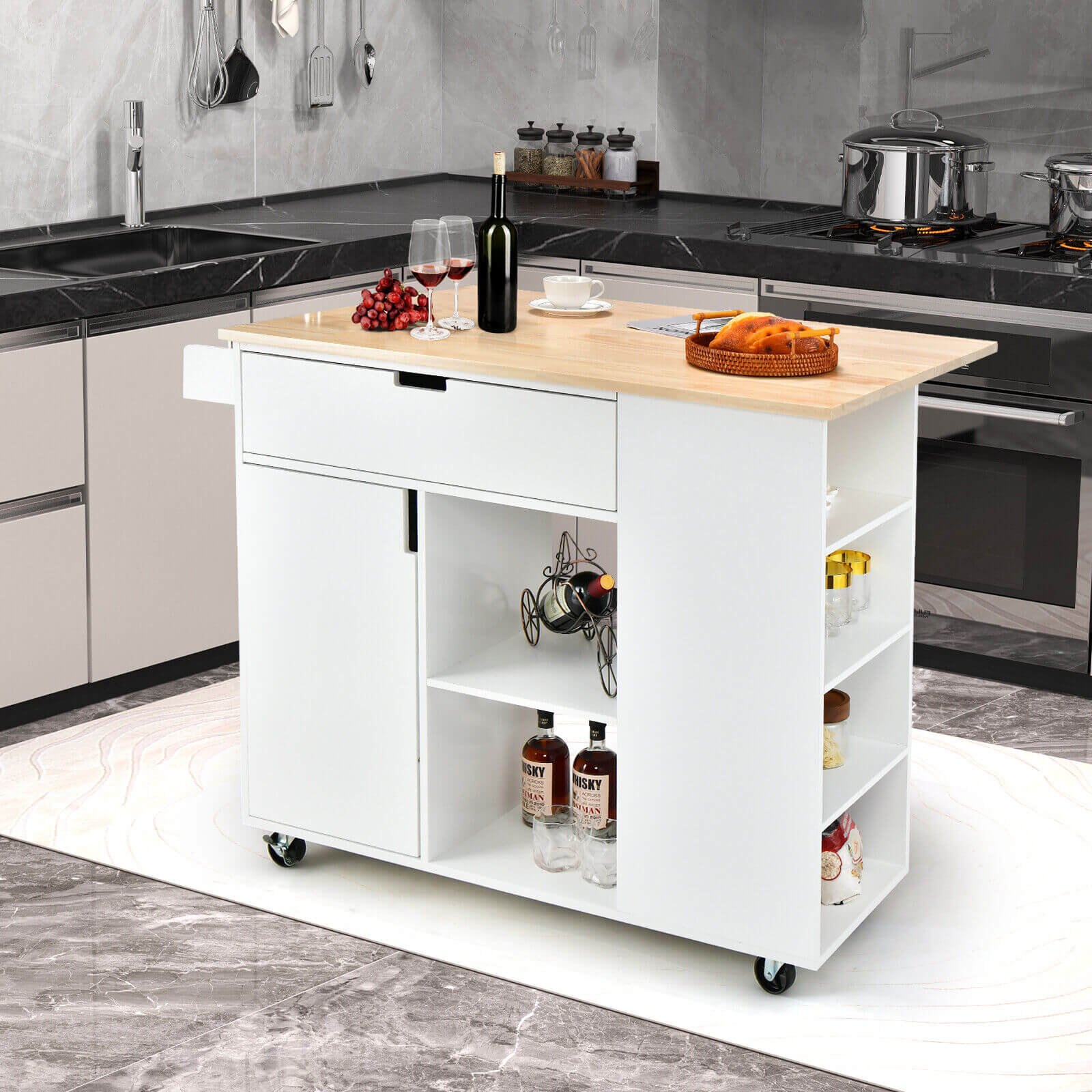 Drop-Leaf Kitchen Island, Rubber Wood Top, White Kitchen Islands & Carts at Gallery Canada