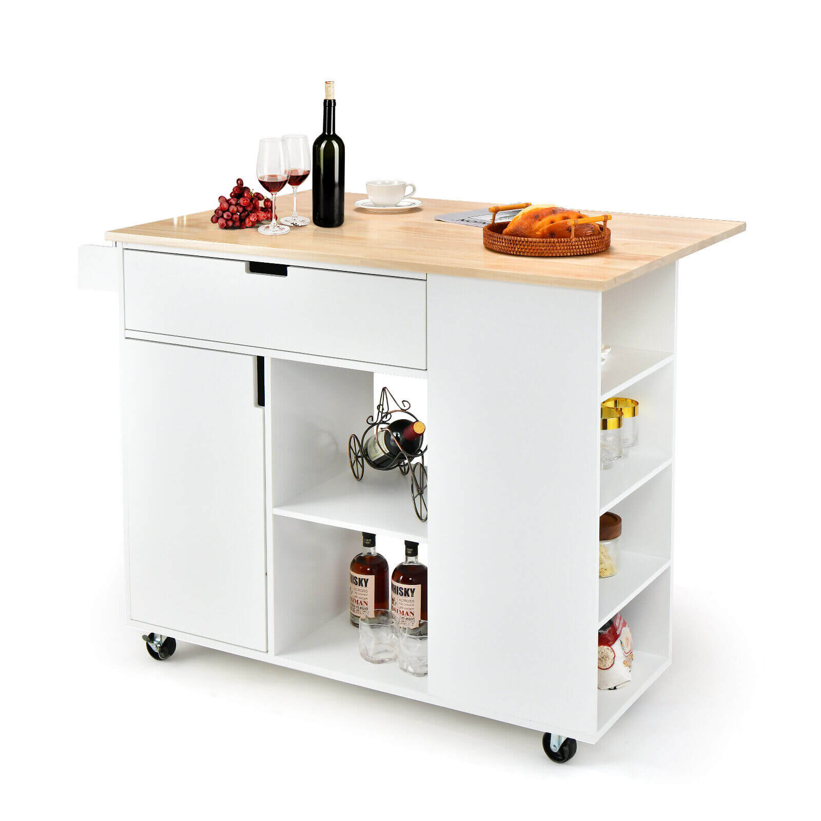 Drop-Leaf Kitchen Island, Rubber Wood Top, White Kitchen Islands & Carts at Gallery Canada
