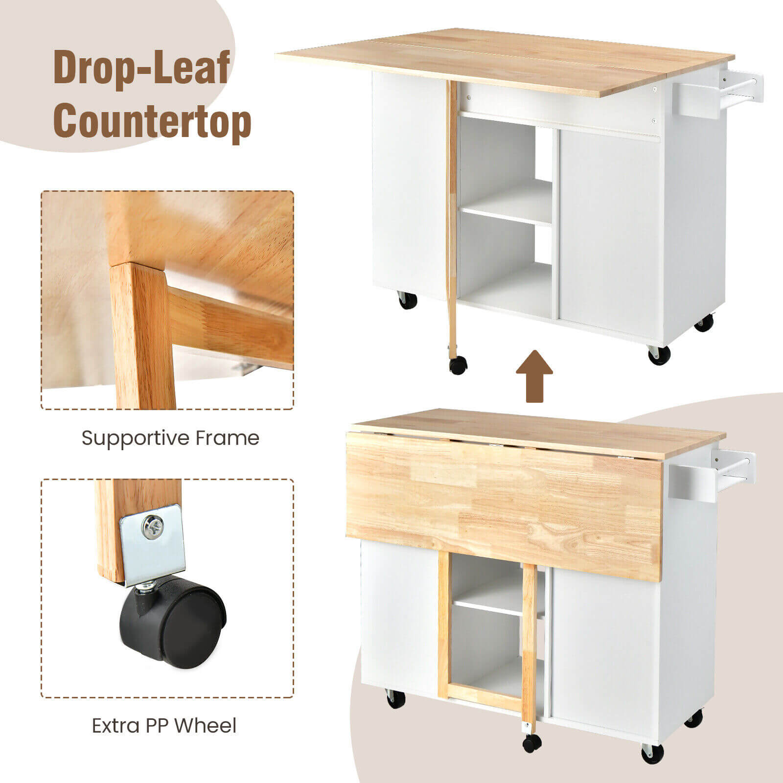 Drop-Leaf Kitchen Island, Rubber Wood Top, White Kitchen Islands & Carts at Gallery Canada