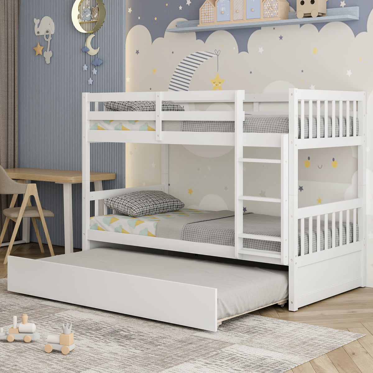 Twin Over Twin Bunk Bed With Pull-Out Trundle, Ladder, White Bunk Bed Frame at Gallery Canada
