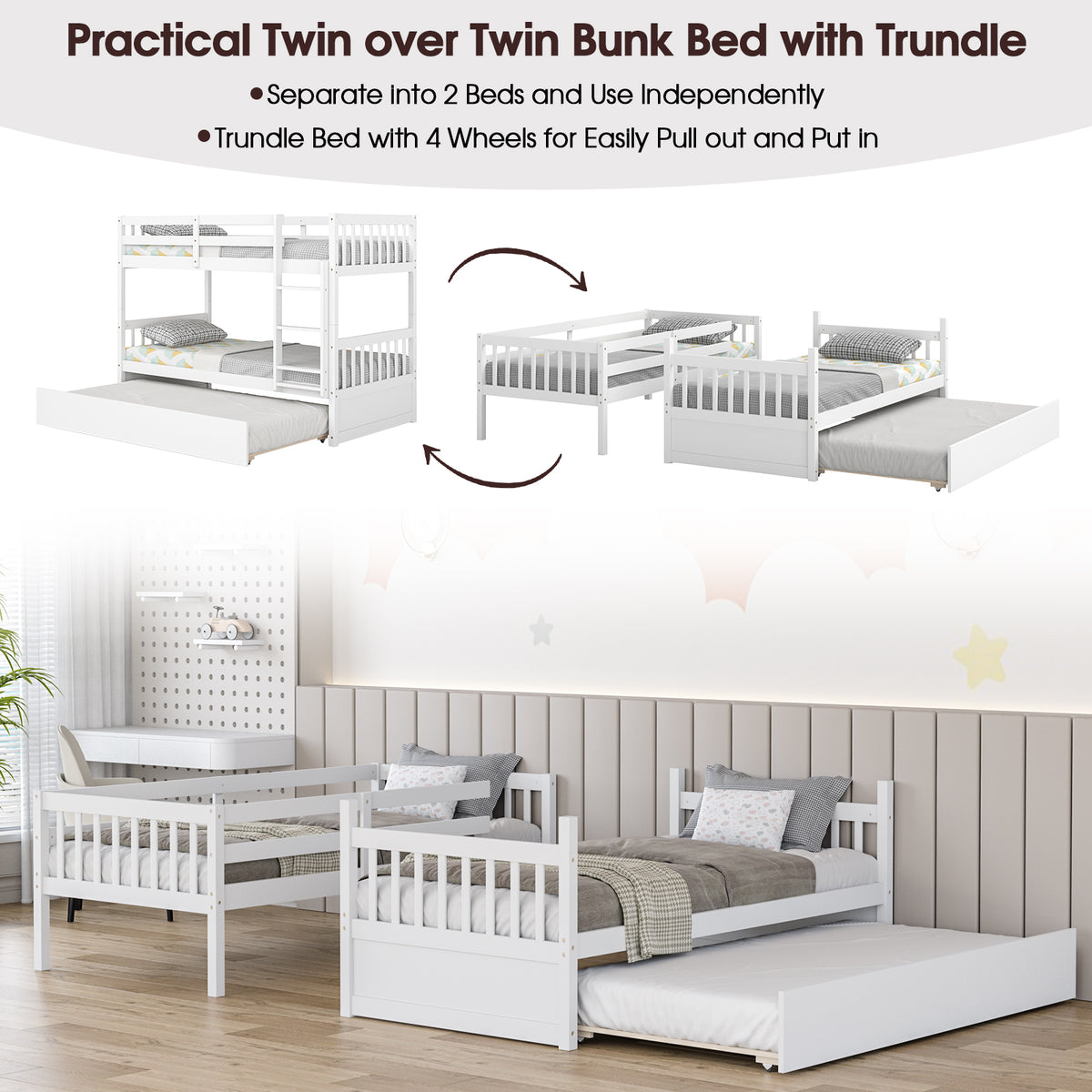 Twin Over Twin Bunk Bed With Pull-Out Trundle, Ladder, White Bunk Bed Frame at Gallery Canada