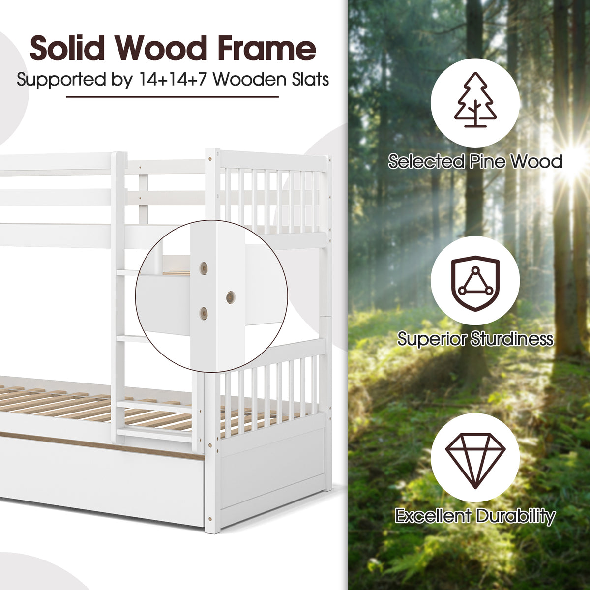 Twin Over Twin Bunk Bed With Pull-Out Trundle, Ladder, White Bunk Bed Frame at Gallery Canada