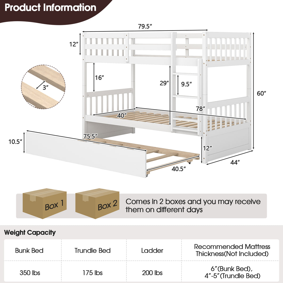 Twin Over Twin Bunk Bed With Pull-Out Trundle, Ladder, White Bunk Bed Frame at Gallery Canada