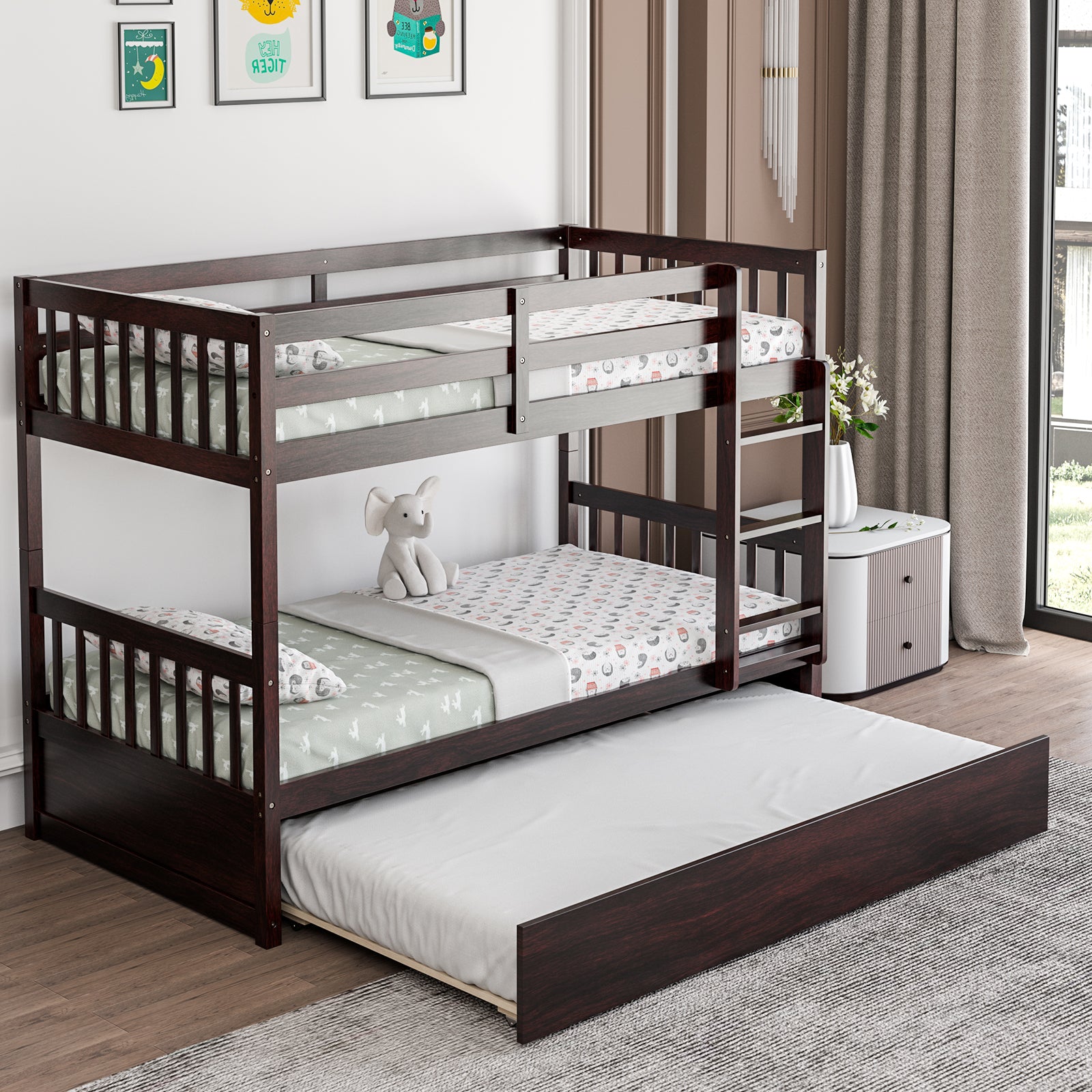 Twin Over Twin Bunk Bed With Pull-Out Trundle, Ladder, Espresso Bunk Bed Frame at Gallery Canada
