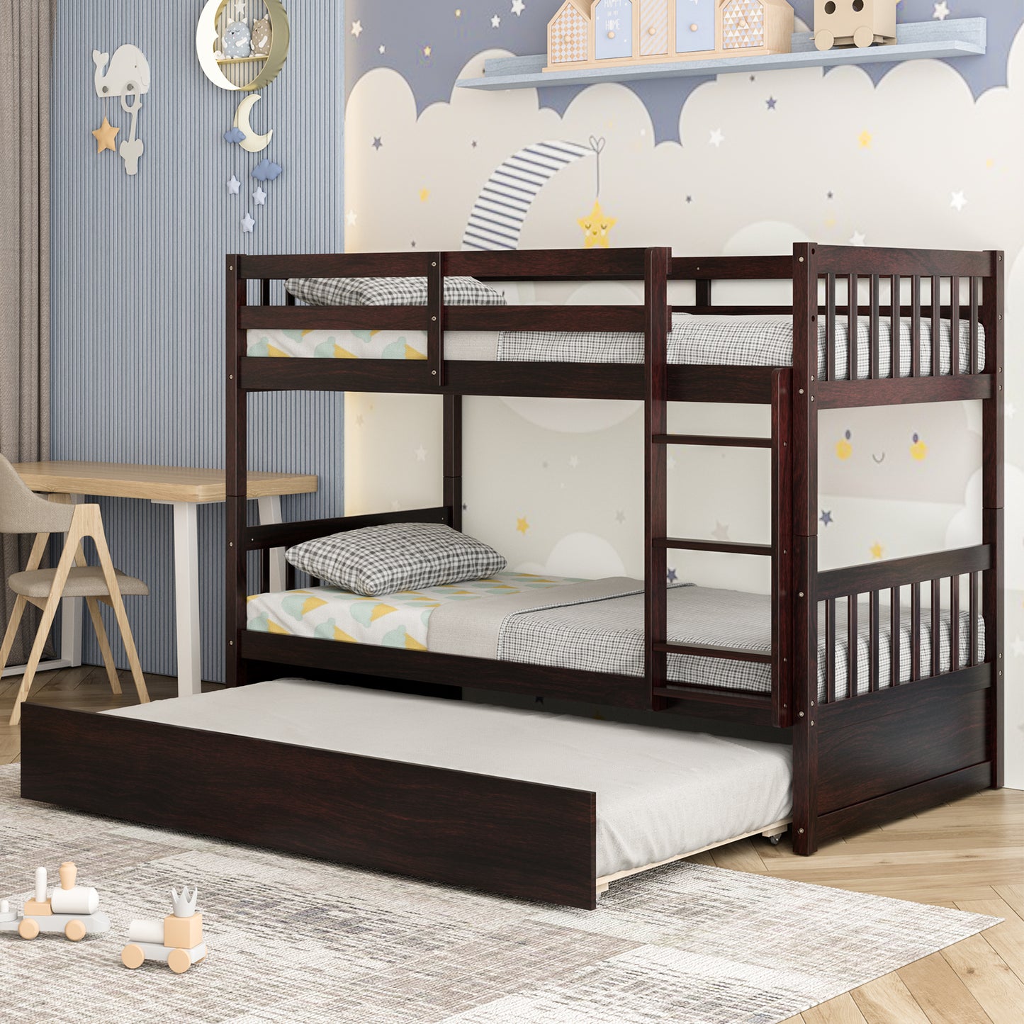 Twin Over Twin Bunk Bed With Pull-Out Trundle, Ladder, Espresso Bunk Bed Frame at Gallery Canada