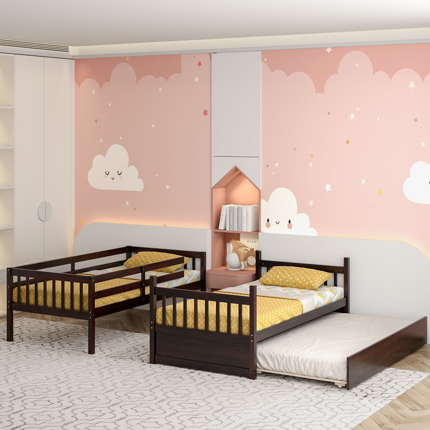 Twin Over Twin Bunk Bed With Pull-Out Trundle, Ladder, Espresso Bunk Bed Frame at Gallery Canada