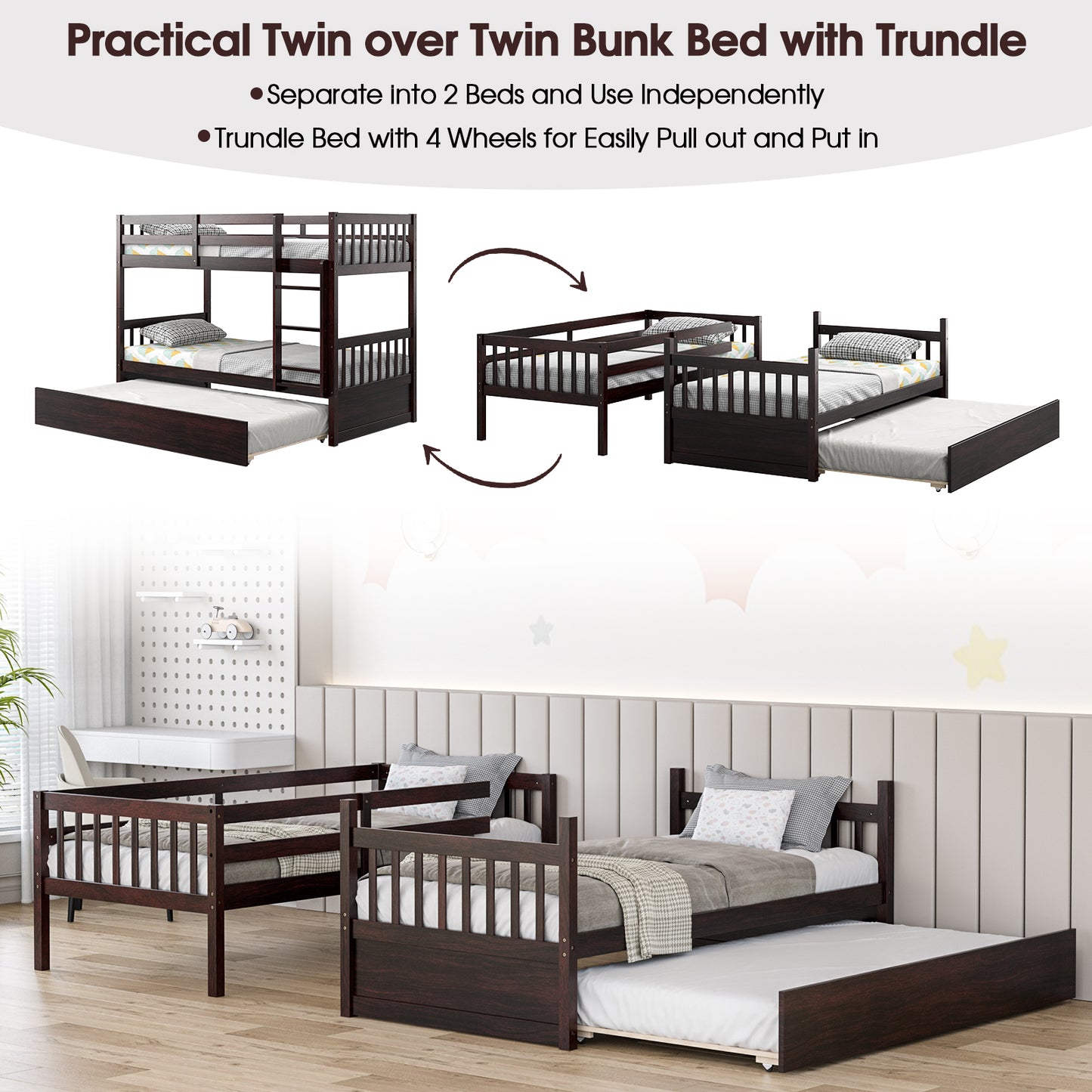 Twin Over Twin Bunk Bed With Pull-Out Trundle, Ladder, Espresso Bunk Bed Frame at Gallery Canada