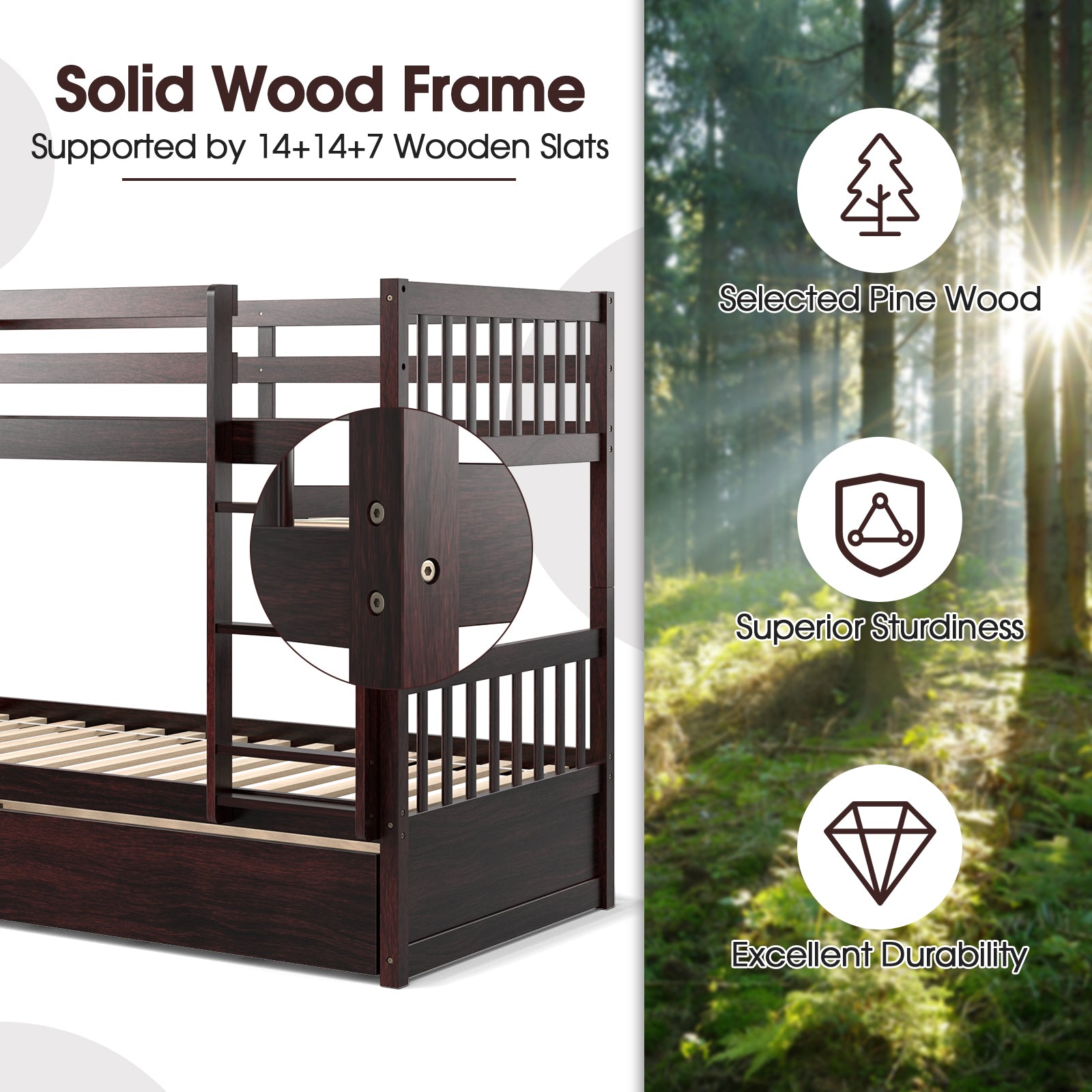 Twin Over Twin Bunk Bed With Pull-Out Trundle, Ladder, Espresso Bunk Bed Frame at Gallery Canada
