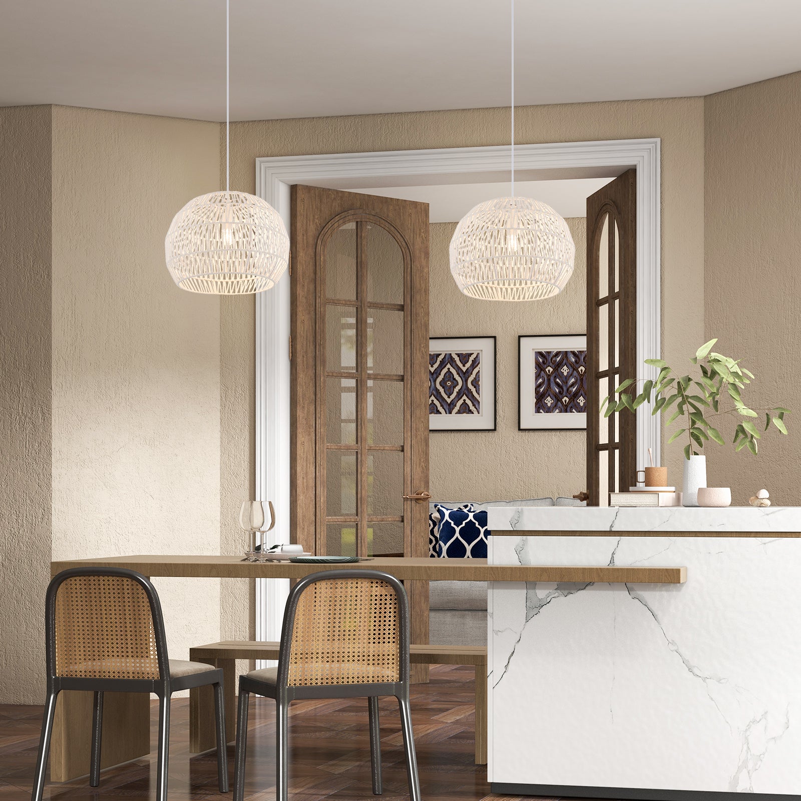 Round Farmhouse Rattan Pendant Light, Adjustable Hanging Rope, Beige Ceiling Lights at Gallery Canada