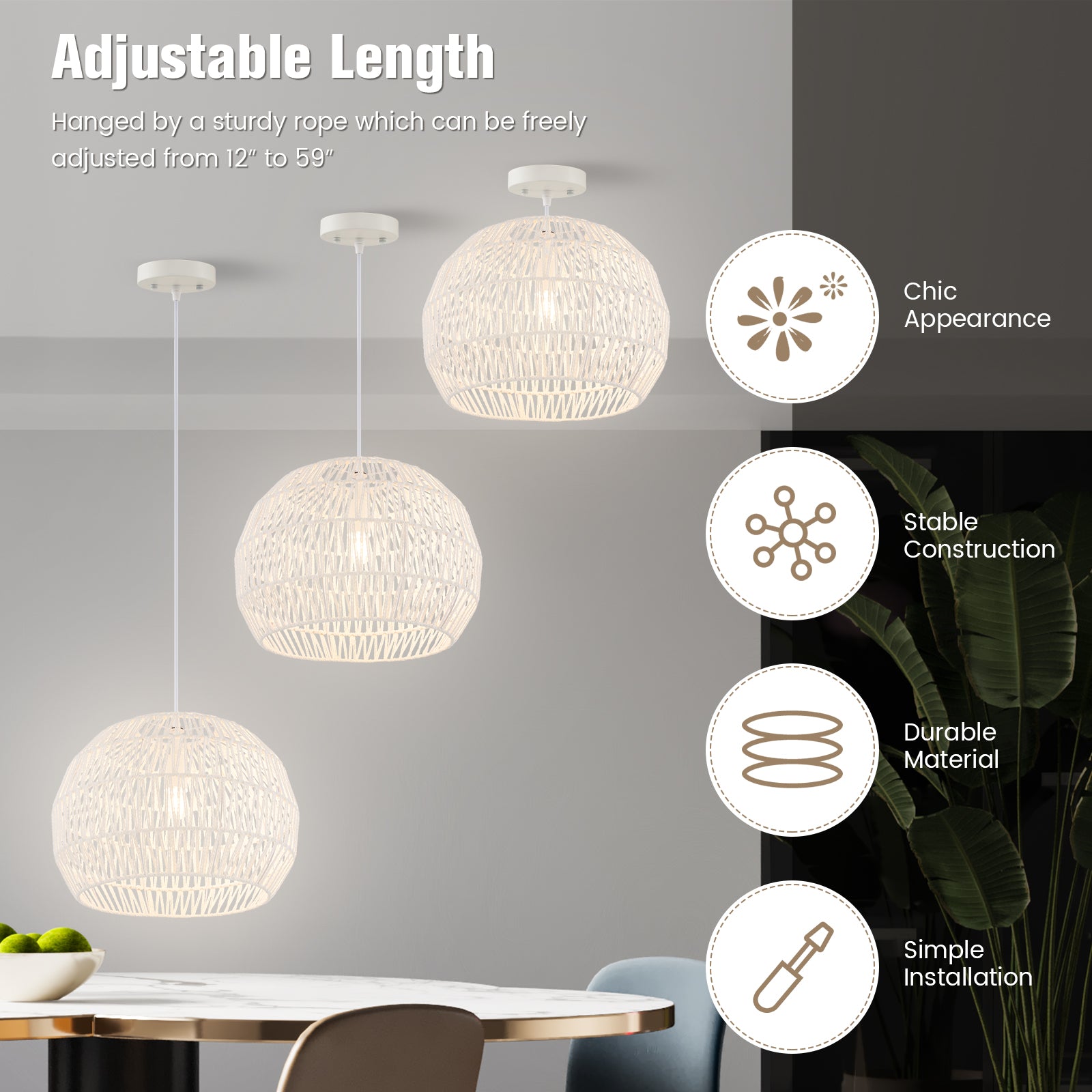 Round Farmhouse Rattan Pendant Light, Adjustable Hanging Rope, Beige Ceiling Lights at Gallery Canada