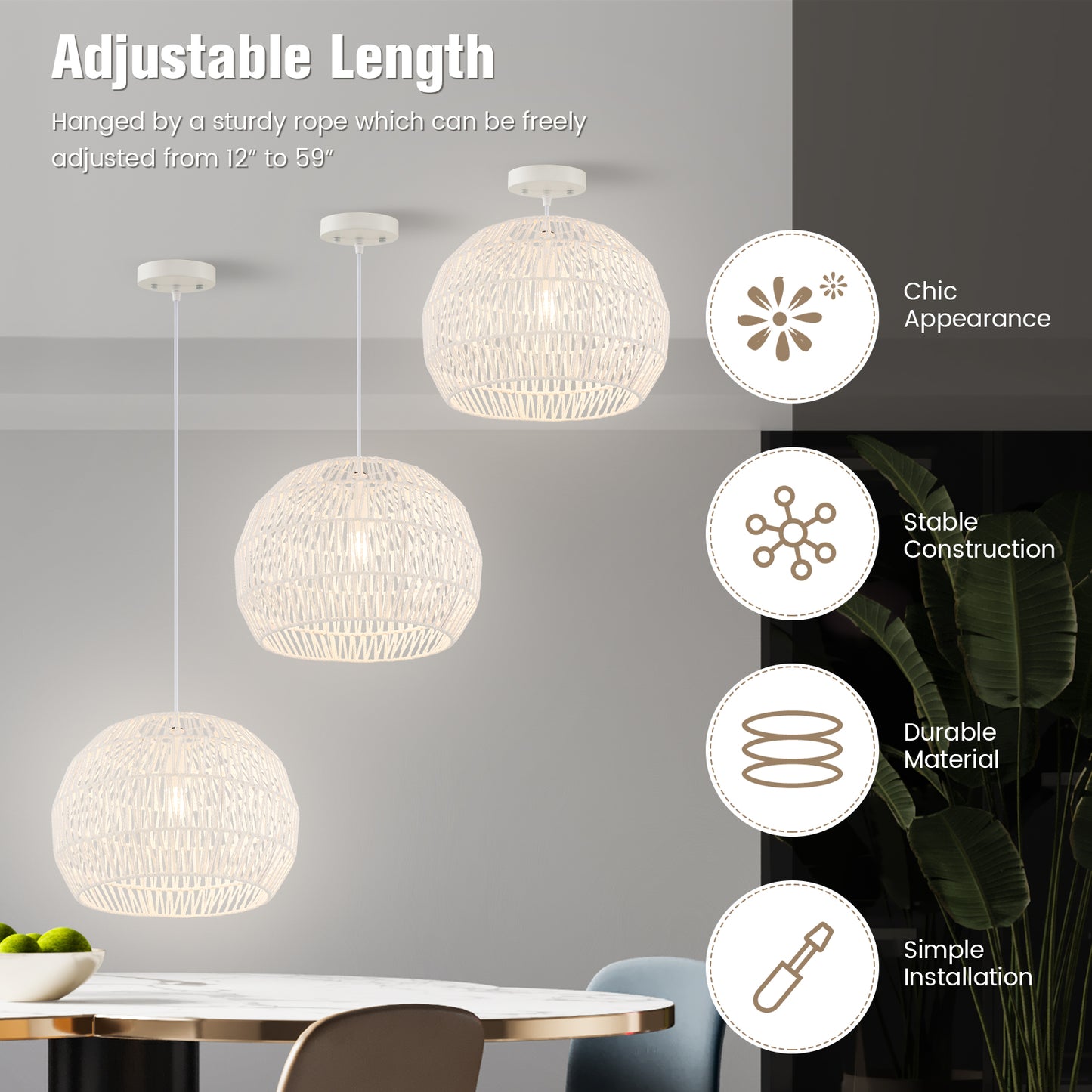 Round Farmhouse Rattan Pendant Light, Adjustable Hanging Rope, Beige Ceiling Lights at Gallery Canada