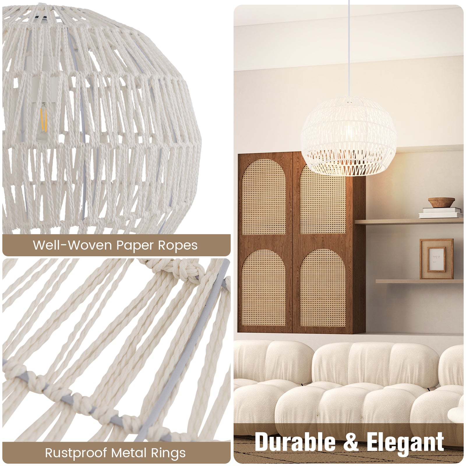Round Farmhouse Rattan Pendant Light, Adjustable Hanging Rope, Beige Ceiling Lights at Gallery Canada