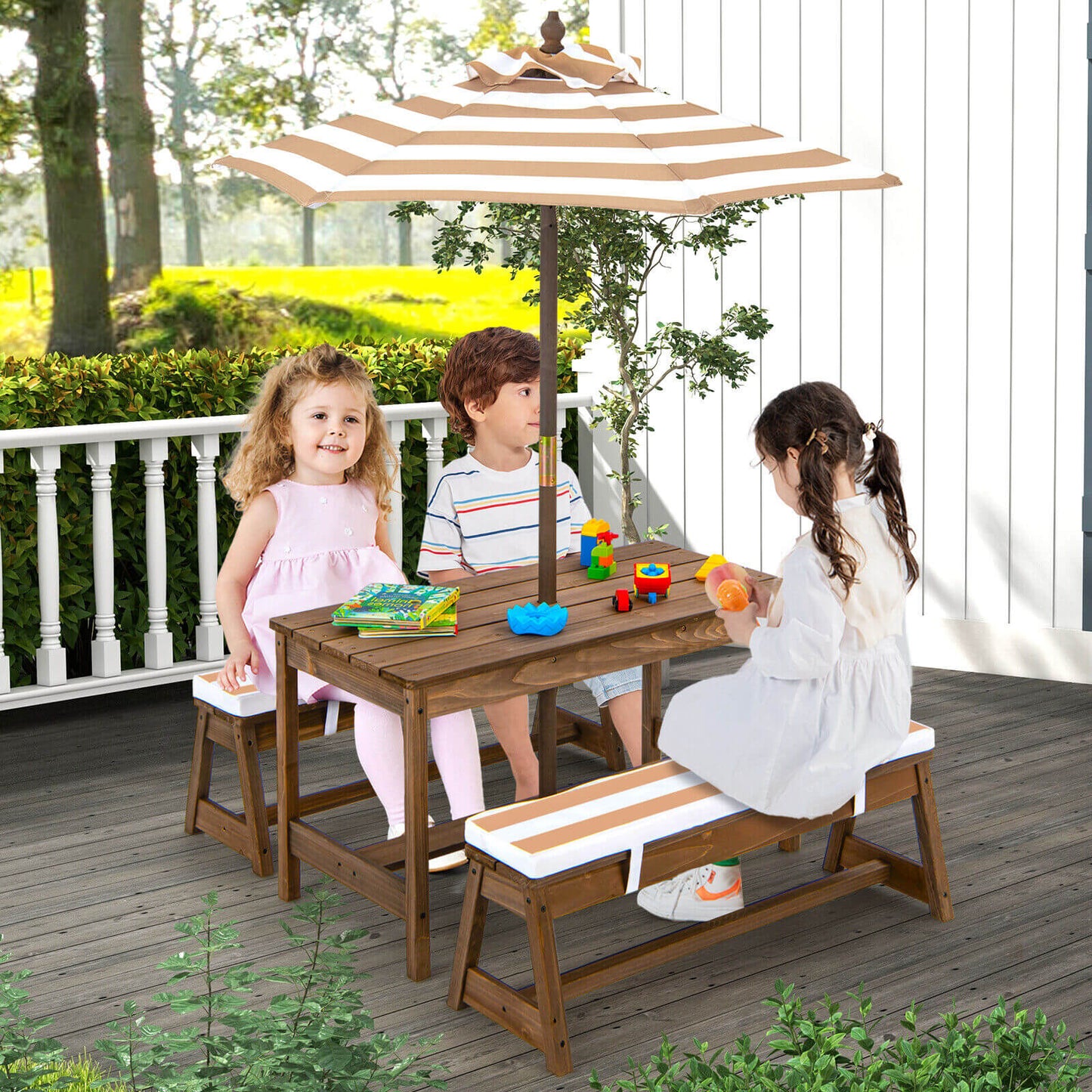Kids Picnic Table And Bench Set, With Cushions And Adjustable Umbrella, Brown Kids Table & Chair Sets at Gallery Canada