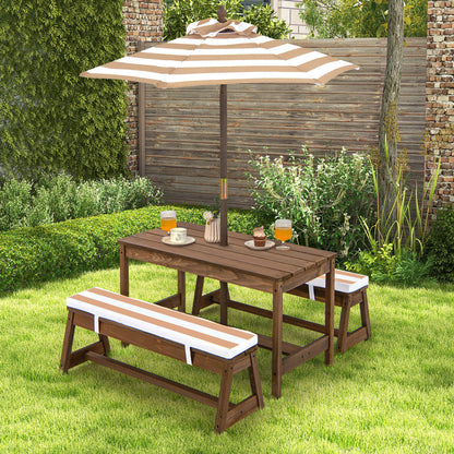 Kids Picnic Table And Bench Set, With Cushions And Adjustable Umbrella, Brown Kids Table & Chair Sets at Gallery Canada