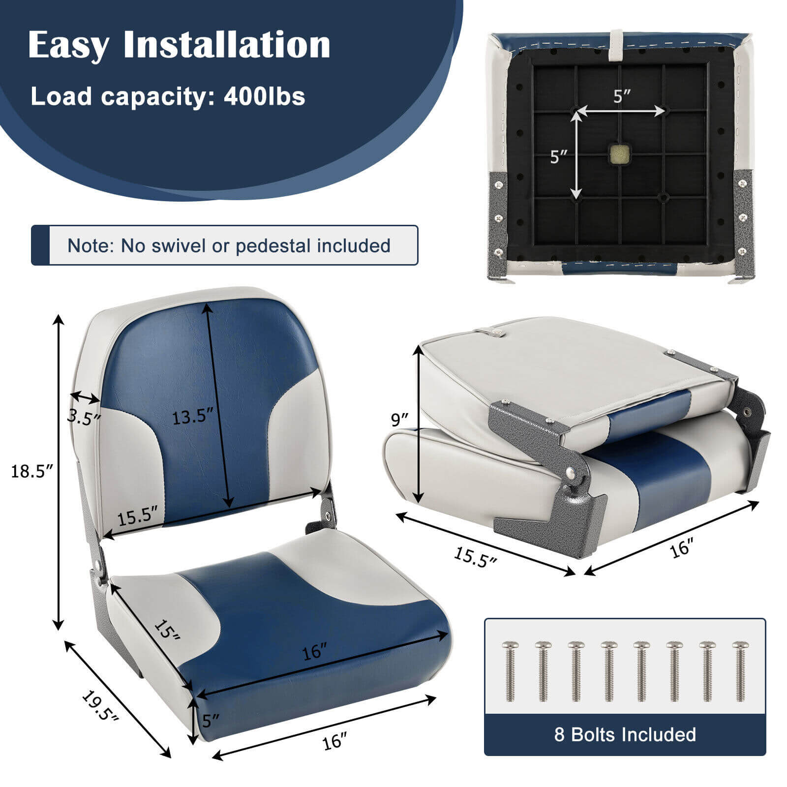 2 Piece Low Back Boat Seat Set, Sponge Padding, Aluminum Hinges, Blue Water Sports at Gallery Canada